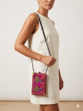 Women's Multi-Color Embroidered Peacock Small Zip Pocket Crossbody Bag Boho Cell